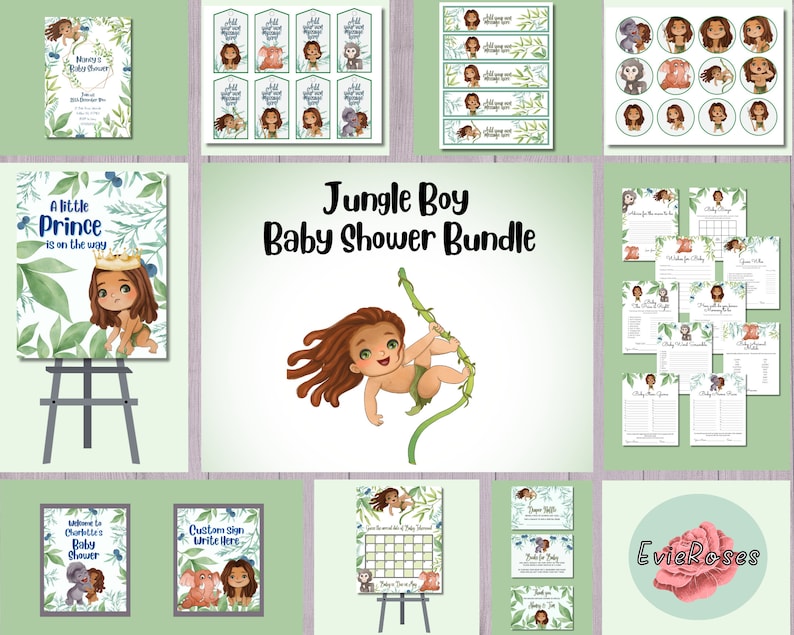 May include: Jungle Boy themed baby shower printable bundle with green and brown color scheme. Includes a welcome sign, a sign that says "A little prince is on the way", a sign that says "Welcome to Charlotte's Baby Shower", a sign that says "Custom Sign Write Here", a baby shower game, a diaper raffle sign, a thank you sign, and a set of favor tags.