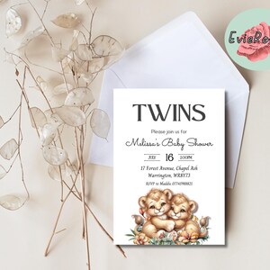 Invitation fête prénatale jumelle, fête du Lion, carte RSVP faire-part bébé garçon jumeau, invitation jungle imprimable, invitation baby shower minimaliste