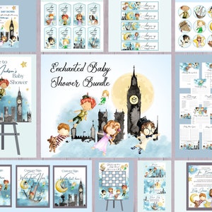 Pacchetto per baby shower Peter Pan, invito stampabile, etichette regalo, decorazioni per torte, etichette per bottiglie, cartelli, giochi, indovina l'arrivo, biglietto di ringraziamento