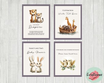 May include: Four framed baby shower signs with watercolour illustrations. The signs feature a tiger and cub, a boat with giraffes and elephants, two bunnies, and two owls. Text includes "Late Night Diapers" and "Baby Shower".