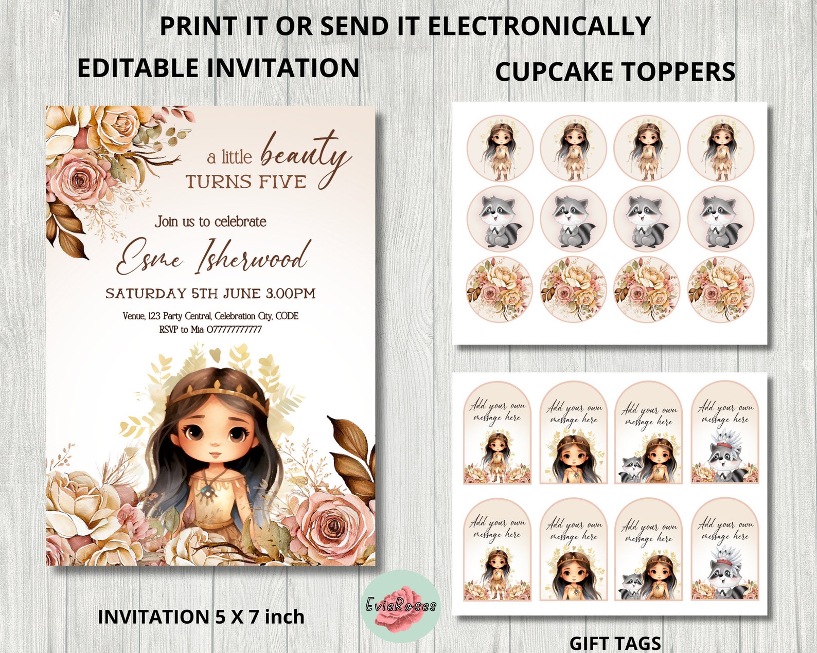 Native Program Invitation Pocahontas Birthday Invitation Bundle: Boho Native American Party ...