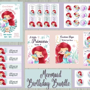 Ariel Birthday Invitation Bundle, Cute Mermaid Welcome Sign, Printable Under the Sea Decor, Girls Princess Favor Tags, Little Mermaid Decor