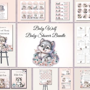 Lot de décorations de fête roses pour baby shower louveteau, invitation à imprimer pour bébé louveteau, panneaux de bienvenue pour baby shower pour filles, étiquettes, décoration de table, jeux, cartes, étiquettes