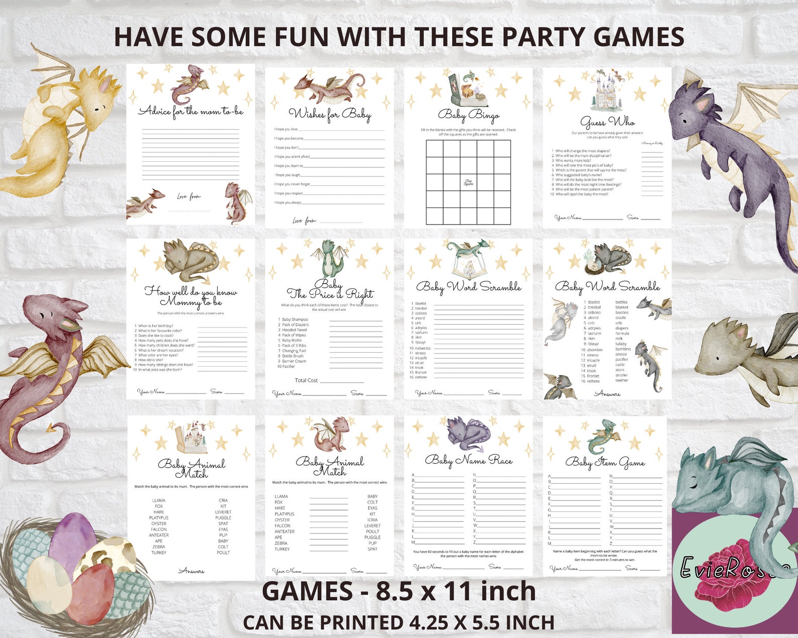 Dragon Themed Baby Shower Games Cute Dragon Shower Games - Etsy