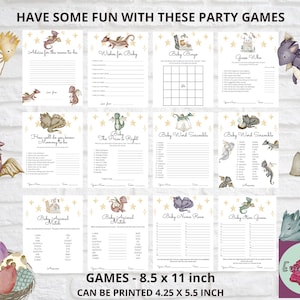 Drachen-Themen-Baby-Dusche-Spiele, niedliches Drachen-Duschspiele-Bundle, Mythisches Königreich-Duschaktivität, kleine Prinz-Dusche druckbare Spiele