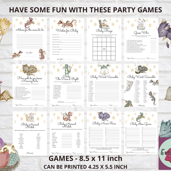 Dragon Themed Baby Shower Games, Cute Dragon Shower Games Bundle, Mythical Kingdom Shower Activity, Little Prince Shower Printable Games