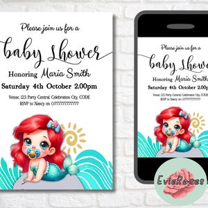 Faire-part bébé Ariel, baby shower sirène, texte modifiable princesse Evite, carte RSVP fête bébé princesse, petite sirène imprimable E1988