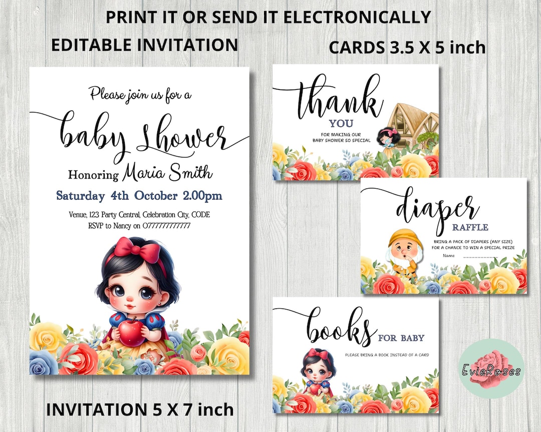 Snowhite Raffle Snow White Party Pack, Girls Baby Shower Invite, Baby Princess ...