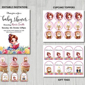Pacchetto festa Principessa Belle, invito baby shower per bambine, biglietto di ringraziamento con rosa, lotteria dei pannolini, decorazioni con personaggi dei cartoni animati, La Bella e la Bestia