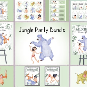 Jungle Birthday Bundle, Wild One Invite, Greenery Gift Tags and Cake Toppers, bottle Labels and welcome Signs, Digital Download