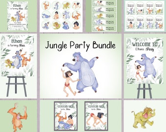 Jungle Birthday Bundle, Wild One Invite, Greenery Gift Tags and Cake Toppers, bottle Labels and welcome Signs, Digital Download