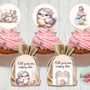 Boho Bird Gift Tags and Cupcake Toppers, Girls Baby Shower Decor, Boho Birthday Printable Supplies, Woodland Party Decor E1799