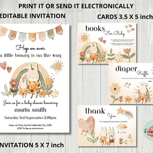 Boho Bunny Baby Shower Bundle, Aquarelle Lapin Texte Evite, Décor rustique arc-en-ciel, C’est une fille Baby Shower Supplies, Carte de remerciement
