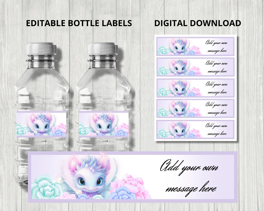 Girls Dragon Bottle Labels: Purple Dragon Egg Party Decor (digital ...