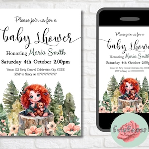 Invito per baby shower a tema principessa, invito per festa a tema orso, invito per baby shower a tema bambina, invito stampabile con fiori del bosco, E1985