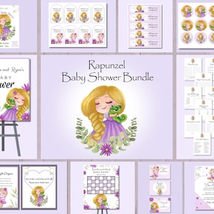 Rapunzel Baby Shower Bundle, Purple Princess Invitation, Girls Baby Shower Welcome Signs, Lilac Gift Tags, Cake Toppers, Baby Shower Games