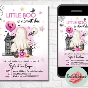 Invitation baby shower Little Boo, invitation fantôme rose, carte RSVP imprimable saison effrayante, baby shower de filles, déco citrouille rose, fuchsia