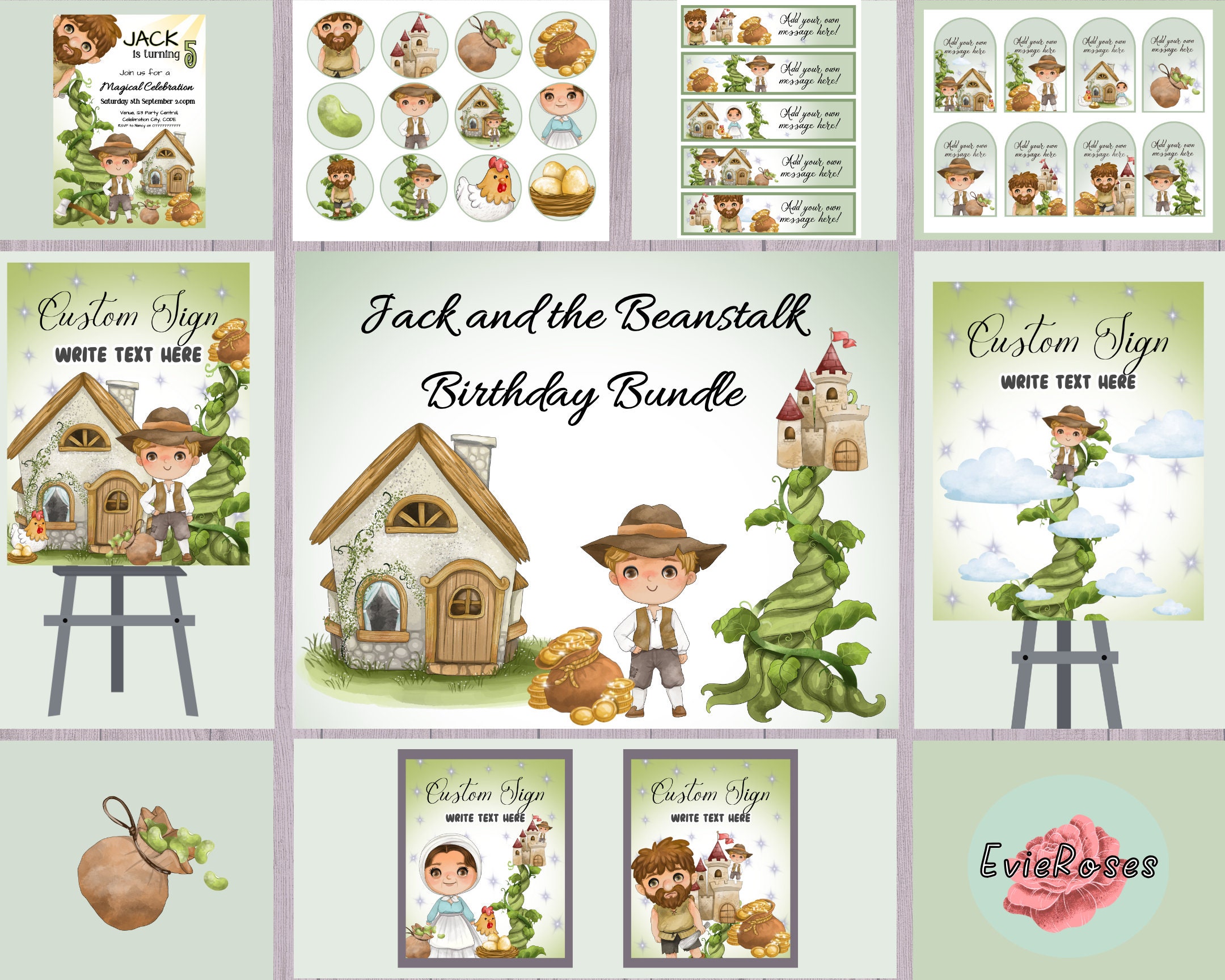 Jack and the Beanstalk Bundle, Editable Invite, Welcome Signs, Gift Tags, Bottle Labels, Cupcake Toppers, Kids Fable Party Decor