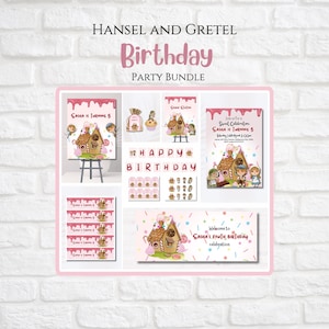 Puede incluir: Un paquete de fiesta rosa y blanco con el tema de Hansel y Gretel. El paquete incluye invitaciones, pancartas y decoraciones con una casa de jengibre y el texto "Happy Birthday".