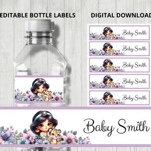 Princess Jasmine Bottle Label, Printable Aladdin Party Decor, Purple and Pink Editable Label, Girls Birthday, Baby Shower Personalized Decor