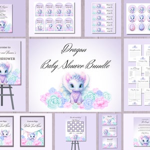 Mädchen Drache Babyparty Einladungskarten Set, Lila Drache Ei Party einladen, Willkommensschilder, Flaschenetiketten, Kuchendekoration, Geschenkanhänger, Duschspiele, Karten