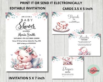 Può includere: Invito per baby shower stampabile con un'illustrazione di un maialino rosa. L'invito misura 5 x 7 pollici e include il testo "Unisciti a noi per un Baby Shower in onore di Maria Smith".