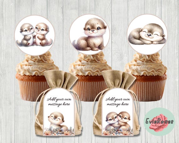 カワウソのケーキトッパーと記念品タグ、森のパーティーデコレーション