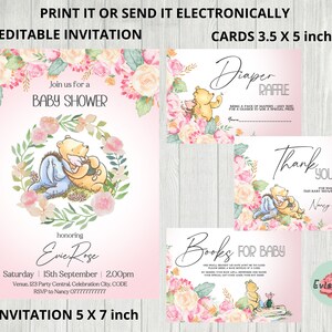 Ensemble rose ourson baby shower, invitation modifiable Winnie l'ourson, carte de remerciement, livres pour carte de bébé, carte de tombola de couches, décoration florale