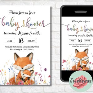 Invitation de shower de bébé renard, Evite modifiable de fleurs sauvages, RSVP de fête d'été, invitation numérique de bébé renard mignon, carte de baby shower des bois E2034