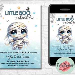 Enge babyshower uitnodiging, boo RSVP-kaart, jongens babyshower uitnodiging, blauwe monster afdrukbare uitnodiging, mummie tekst Evite, It's a Boy, grillig