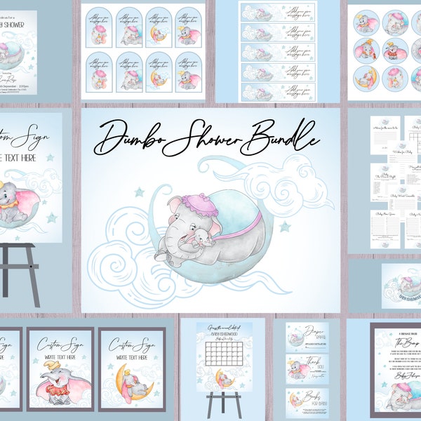 Elephant Baby Shower Complete Bundle, Baby Blue Elephant Party Decor, Editable Invite, Signs, Labels, Tags, Toppers, Cards, Games, Poster