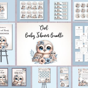 Eulen-Babyparty-Paket, blaue Boho Einladung, Mutter und Baby-Text Evite, Jungen-Babyparty-Dekor, Schilder, Tags, Topper, Etiketten, Spiele