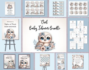 May include: A collection of baby shower stationery featuring watercolor owl illustrations. The bundle includes invitations, signs, stickers, and games. The designs incorporate soft blues, pinks, and floral accents, creating a whimsical theme.