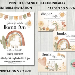 Llama Baby Shower Bundle, Boho Text Evite, Décoration de fête arc-en-ciel aquarelle, Carte de remerciement, Tirage au sort de couches, Livres pour bébé