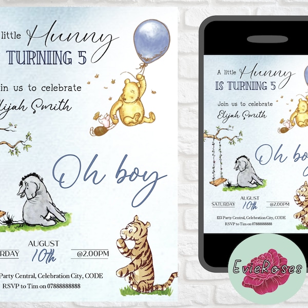 Winnie the Pooh Birthday Invite, Baby Blue Pooh Bear, Tigger, Piglet and Eyore Party Decoration, Digital Download E1026