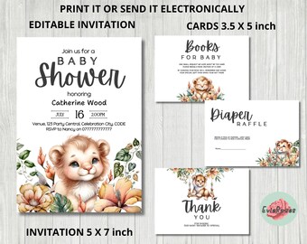 May include: A baby shower invitation and cards set. The invitation is 5 x 7 inches and features a watercolor illustration of a lion cub surrounded by flowers. The cards are 3.5 x 5 inches and include "Books for Baby", "Diaper Raffle", and "Thank You" cards.