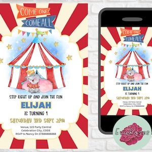 Circus Party Text Evite, Elephant Carnival Invitation, Colorful Kids Party Decoration, Digital Download E1105