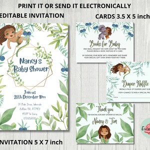May include: A printable baby shower invitation with a jungle theme. The invitation features a cartoon illustration of a person dressed as Tarzan, surrounded by green leaves and blue berries. The text on the invitation reads "Nancy's Baby Shower" and includes the date, time, and location of the event. The invitation is 5 x 7 inches.