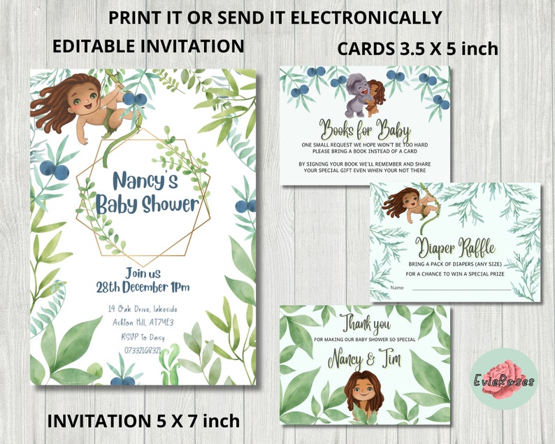 May include: A printable baby shower invitation with a jungle theme. The invitation features a cartoon illustration of a person dressed as Tarzan, surrounded by green leaves and blue berries. The text on the invitation reads "Nancy's Baby Shower" and includes the date, time, and location of the event. The invitation is 5 x 7 inches.