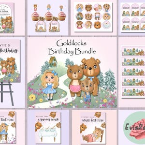 Fairy Tale Party Bundle, Goldilocks and the three Bears Decor, Early learning Printable Supplies, Pink Party Invite, Tags, Toppers, Signs