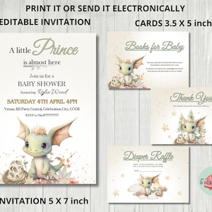 Paquete de baby shower de criatura mítica, Dragon Party Evite, decoración de baby shower para niños, tarjeta de agradecimiento, libros para tarjeta de bebé, tarjeta de rifa de pañales