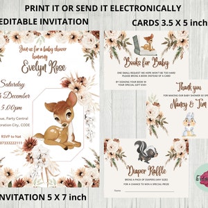 Bambi Baby Shower Invite, Boho Merci Card, Diaper Raffle Card, Books for Baby Card, Digital Download