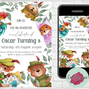 Robin Hood Party Bundle, Cartoon Character Party Bundle, Woodland Animal Printable Invite, Backdrop, Cardboard Cut Out, Cake Topper Pack