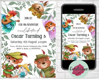 Robin Hood Birthday Invite, Woodland Adventure Party Decoration, Printable Kids Party Supplies, Digital Download E1138