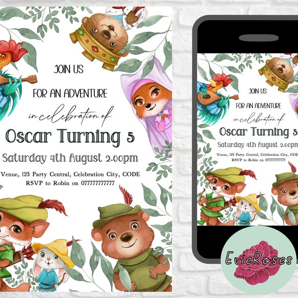 Robin Hood Birthday Invite, Woodland Adventure Party Decoration, Printable Kids Party Supplies, Digital Download E1138