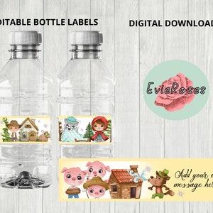 May include: Printable water bottle labels featuring illustrations from the fairy tales Little Red Riding Hood and The Three Little Pigs. The labels are yellow with white borders and feature a wolf, a pig, and a house. The text on the label reads "Add your own message here!"