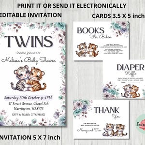 Lot de jumeaux fête de naissance, invitation tigre, carte de remerciement, carte de tirage au sort de couches imprimables Tiger Cub, carte de livres de bébé, fête de jumeaux