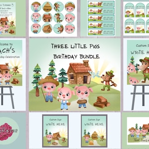 Early Learning Birthday, Toddler Party Bundle, Three Little Pigs, Green Printable Decor, Editable Invite, Welcome Signs, Bottle Labels, Tags