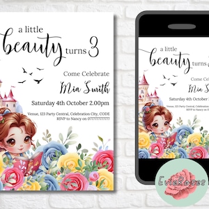 Invito a La Bella e la Bestia, invito per la festa di Baby Belle, compleanno di una principessa, decorazioni stampabili con rose, invito per messaggi di testo per ragazze, festa per principesse