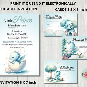 Baby Drachen-Babyparty-Bundle, Blauer Drache-Einladung, Fabelwesen-Partydekor, Dankes-Karte, Bücher für Baby-Karte, Windel-Verlosung